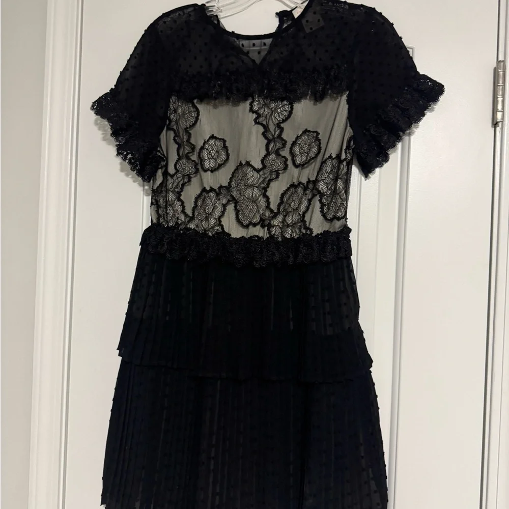 Anthropologie Foxiedox Mini Dress Maisie Black Tiered Goth Lace Crochet  Small